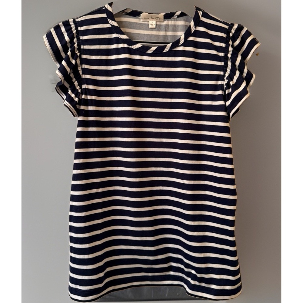 nine britton Women Medium Navy Blue White Striped Flutter Sleeve Top Shirt USA